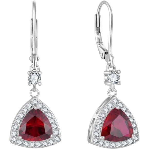 07 July - Ruby Silver Triangle Halo Leverback Earrings with Birthstone